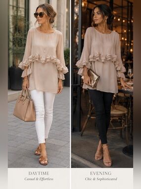 Chloé Silk Ruffle Tunic Blouse Beige Sheer Boho Luxury Designer Top Sz M